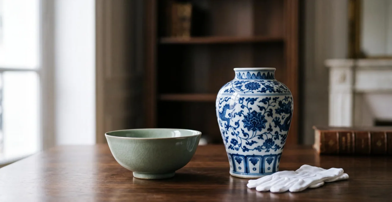 Deux céramiques chinoises anciennes, un bol céladon sobre et un vase émaillé bleu et blanc, posés côte à côte sous une lumière douce évoquant une salle d'expertise parisienne