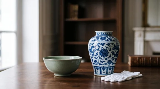 Deux céramiques chinoises anciennes, un bol céladon sobre et un vase émaillé bleu et blanc, posés côte à côte sous une lumière douce évoquant une salle d'expertise parisienne