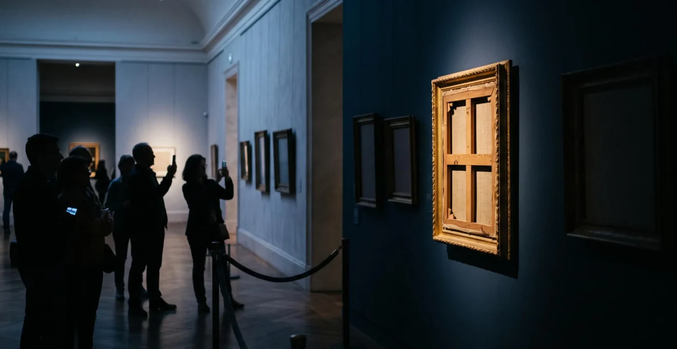 Cadre doré unique illuminé dans une galerie de musée parisienne plongée dans la pénombre, symbolisant la valeur exceptionnelle et mystérieuse de la Joconde face aux autres œuvres de Léonard de Vinci