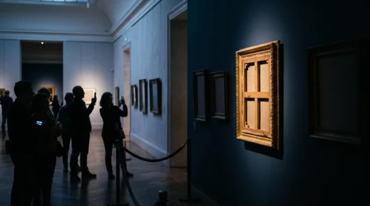 Cadre doré unique illuminé dans une galerie de musée parisienne plongée dans la pénombre, symbolisant la valeur exceptionnelle et mystérieuse de la Joconde face aux autres œuvres de Léonard de Vinci