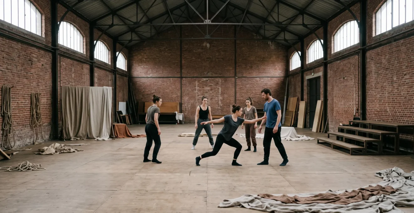 Répétition immersive dans un vaste espace scénique industriel évoquant un long processus de création théâtrale collective