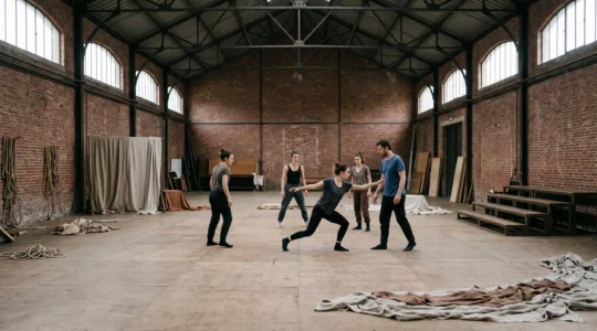 Répétition immersive dans un vaste espace scénique industriel évoquant un long processus de création théâtrale collective