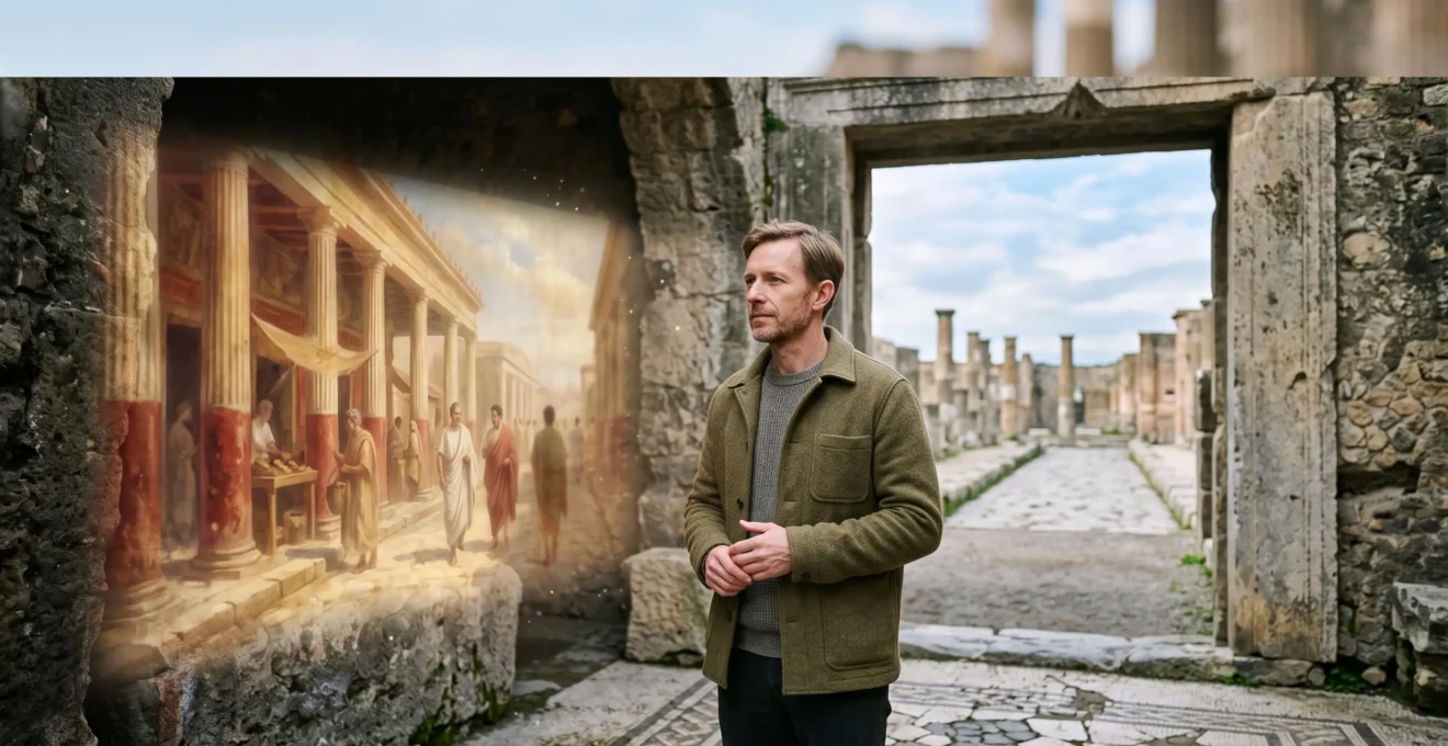 Reconstitution numérique immersive d'une rue de Pompéi antique vue par un visiteur equipé d'un dispositif de réalité augmentée
