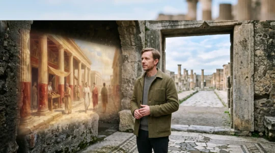 Reconstitution numérique immersive d'une rue de Pompéi antique vue par un visiteur equipé d'un dispositif de réalité augmentée