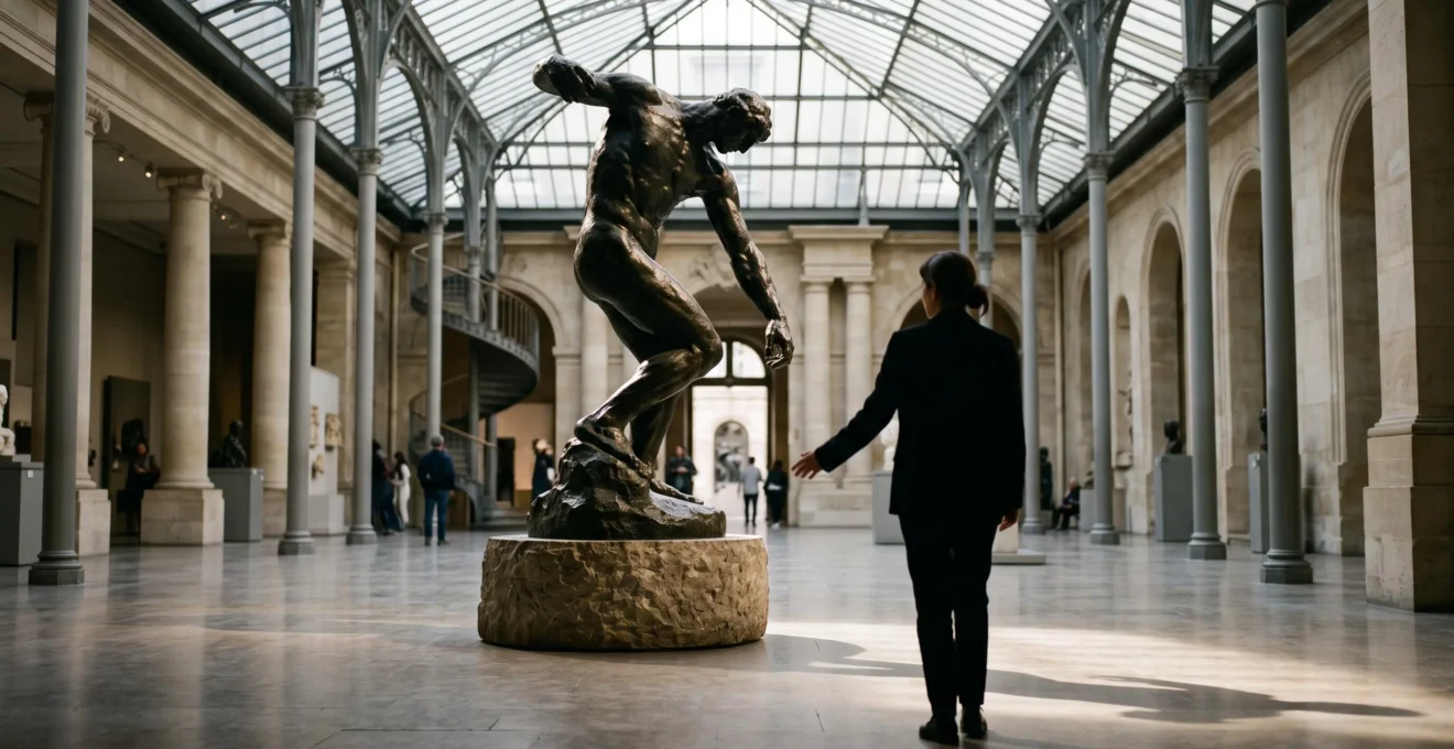 Silhouette contemplant une sculpture monumentale en bronze dans la lumière rasante d'une cour de musée parisien