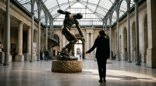 Silhouette contemplant une sculpture monumentale en bronze dans la lumière rasante d'une cour de musée parisien