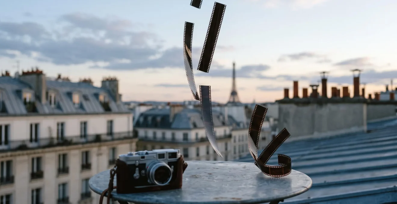 Fragments de pellicule argentique suspendus évoquant la rupture temporelle du jump cut, dans un décor parisien inspiré de la Nouvelle Vague