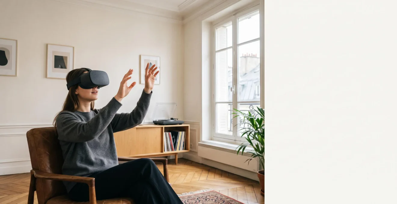 Une personne dans un salon parisien élégant vit une expérience de réalité virtuelle immersive face à une œuvre d'art du MoMA