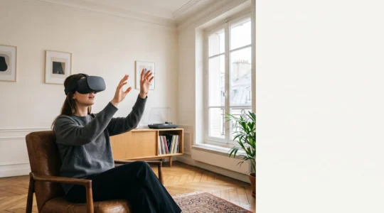 Une personne dans un salon parisien élégant vit une expérience de réalité virtuelle immersive face à une œuvre d'art du MoMA