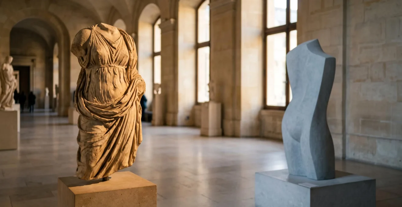 Une sculpture grecque antique en marbre mise en regard silencieux avec une forme d'art contemporain épurée, dans une galerie inspirée du Louvre