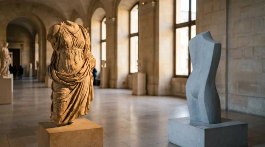 Une sculpture grecque antique en marbre mise en regard silencieux avec une forme d'art contemporain épurée, dans une galerie inspirée du Louvre