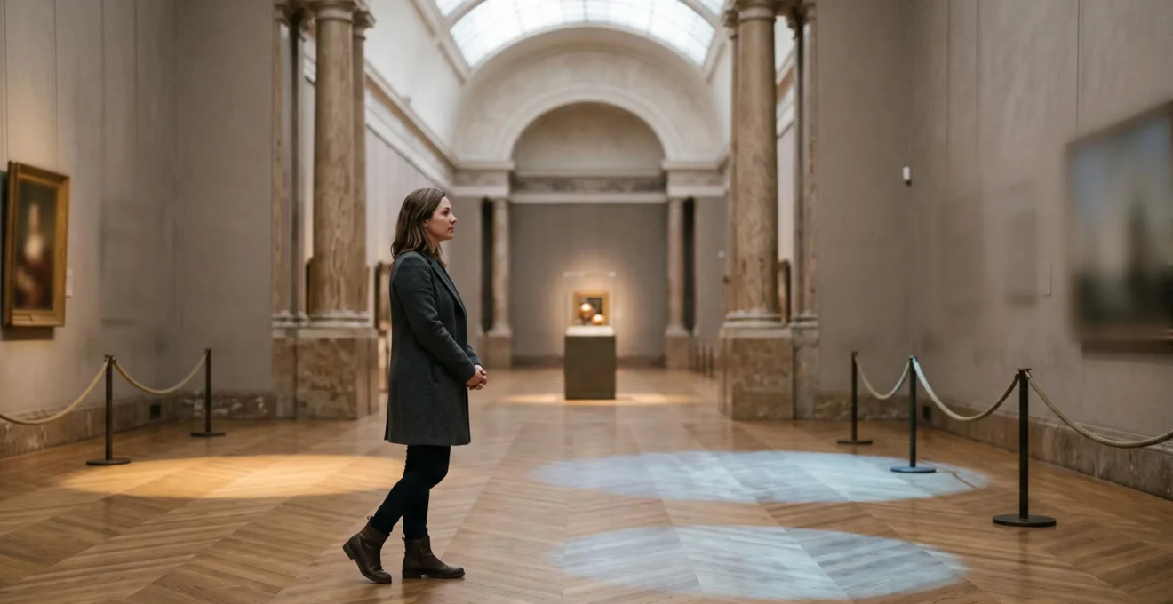 Une personne contemplant en silence trois types d'oeuvres d'art dans une galerie francaise, incarnant le choix entre portrait, paysage et nature morte