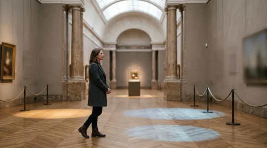 Une personne contemplant en silence trois types d'oeuvres d'art dans une galerie francaise, incarnant le choix entre portrait, paysage et nature morte