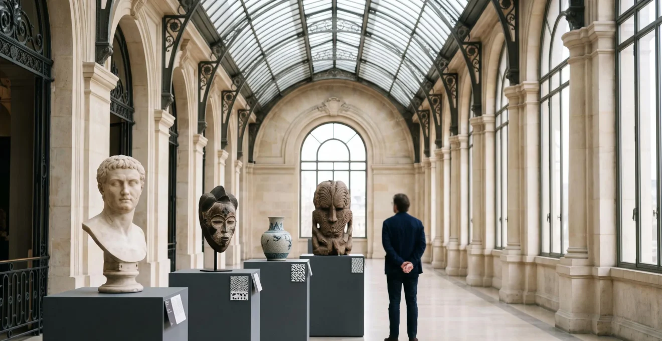 Composition symbolique représentant le dialogue entre plusieurs traditions artistiques du monde, dans un cadre muséal évoquant Paris