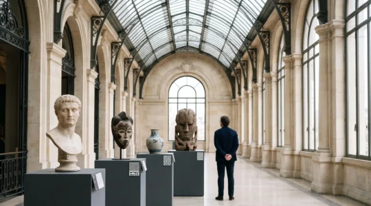 Composition symbolique représentant le dialogue entre plusieurs traditions artistiques du monde, dans un cadre muséal évoquant Paris
