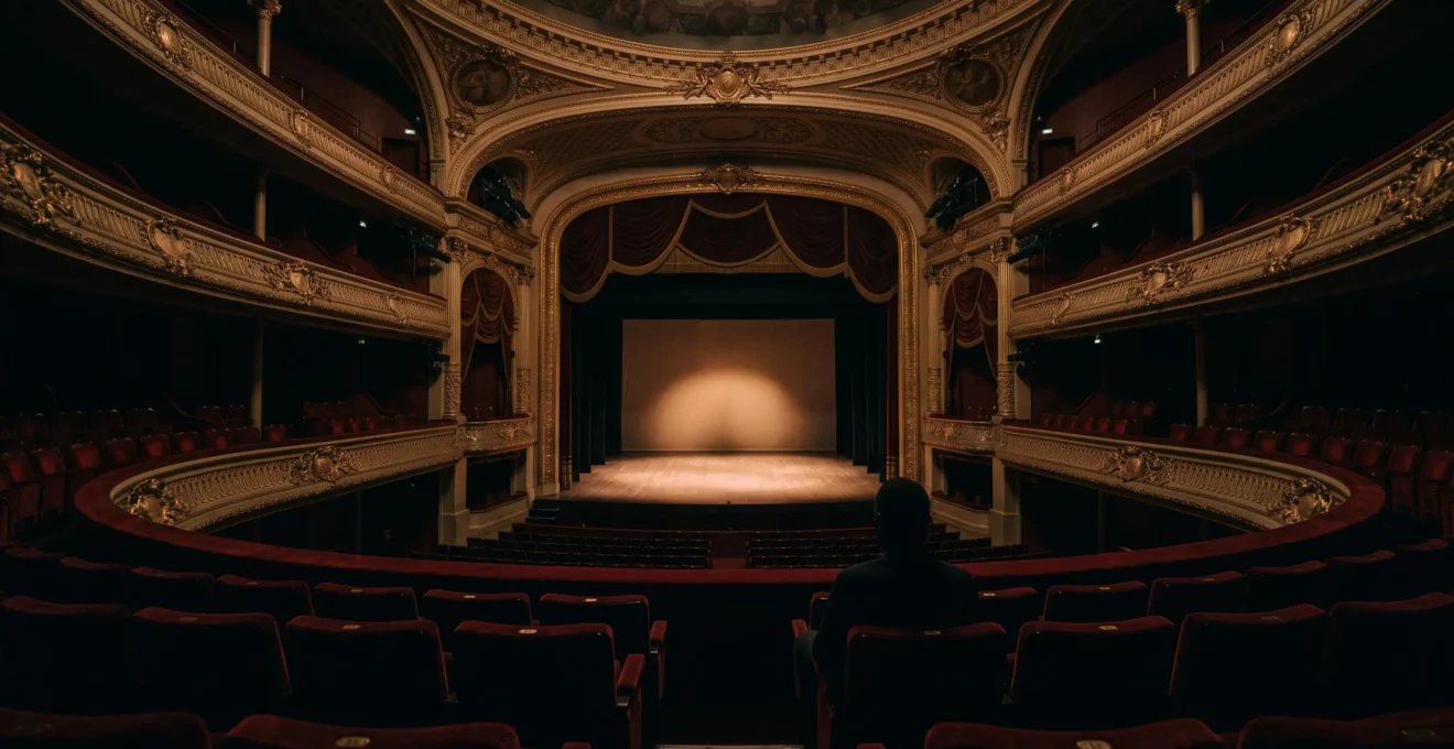 Silhouette d'un spectateur assis seul dans un theatre parisien historique, face a une scene baignee de lumiere