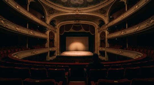 Silhouette d'un spectateur assis seul dans un theatre parisien historique, face a une scene baignee de lumiere