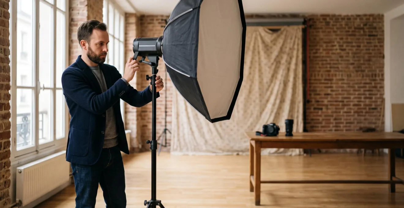 Photographe installant son materiel dans un studio professionnel lumineux, symbole de la transition vers une carriere photographique professionnelle en France