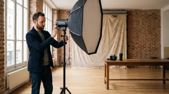 Photographe installant son materiel dans un studio professionnel lumineux, symbole de la transition vers une carriere photographique professionnelle en France