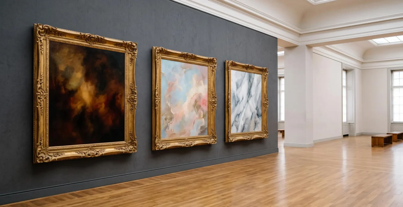 Trois détails de tableaux juxtaposés illustrant les contrastes de lumière, couleur et composition entre baroque, rococo et néoclassicisme
