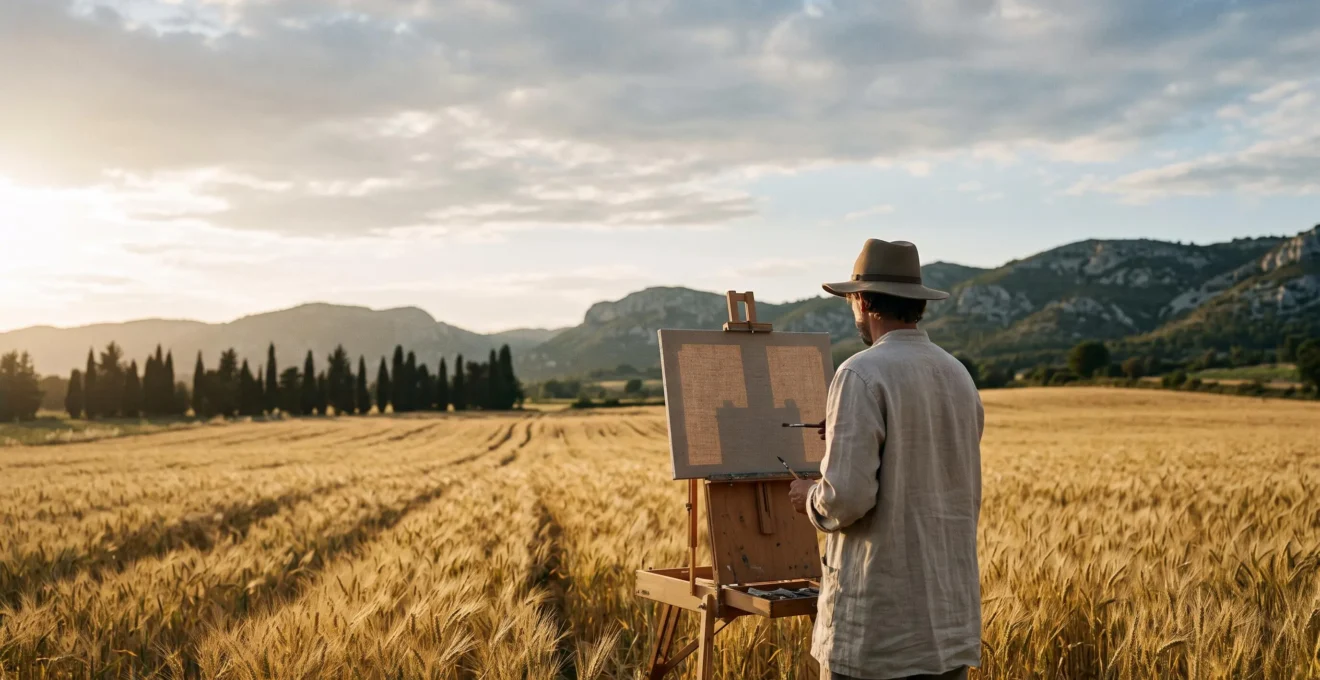 Un peintre solitaire face à un champ de blé doré sous la lumière du sud de la France, évoquant l'intensité créatrice de Van Gogh en Provence