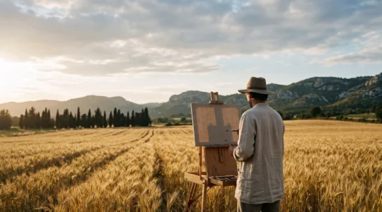 Un peintre solitaire face à un champ de blé doré sous la lumière du sud de la France, évoquant l'intensité créatrice de Van Gogh en Provence
