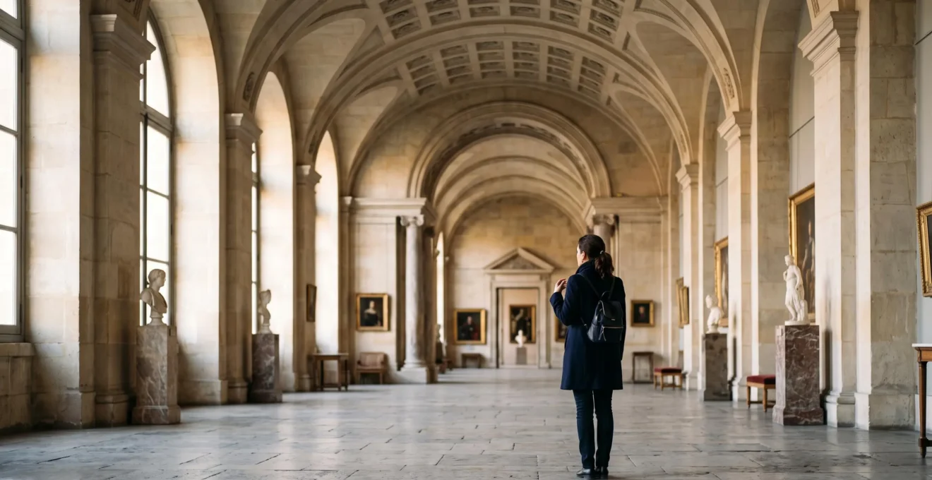Silhouette d'un visiteur immobile et ému face à une grande œuvre dans une galerie de musée français baignée de lumière naturelle
