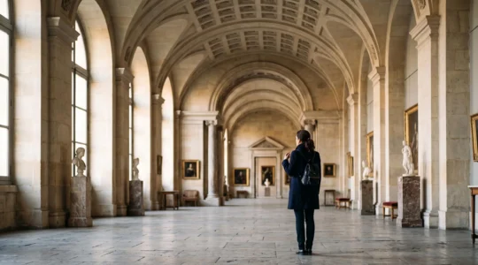 Silhouette d'un visiteur immobile et ému face à une grande œuvre dans une galerie de musée français baignée de lumière naturelle