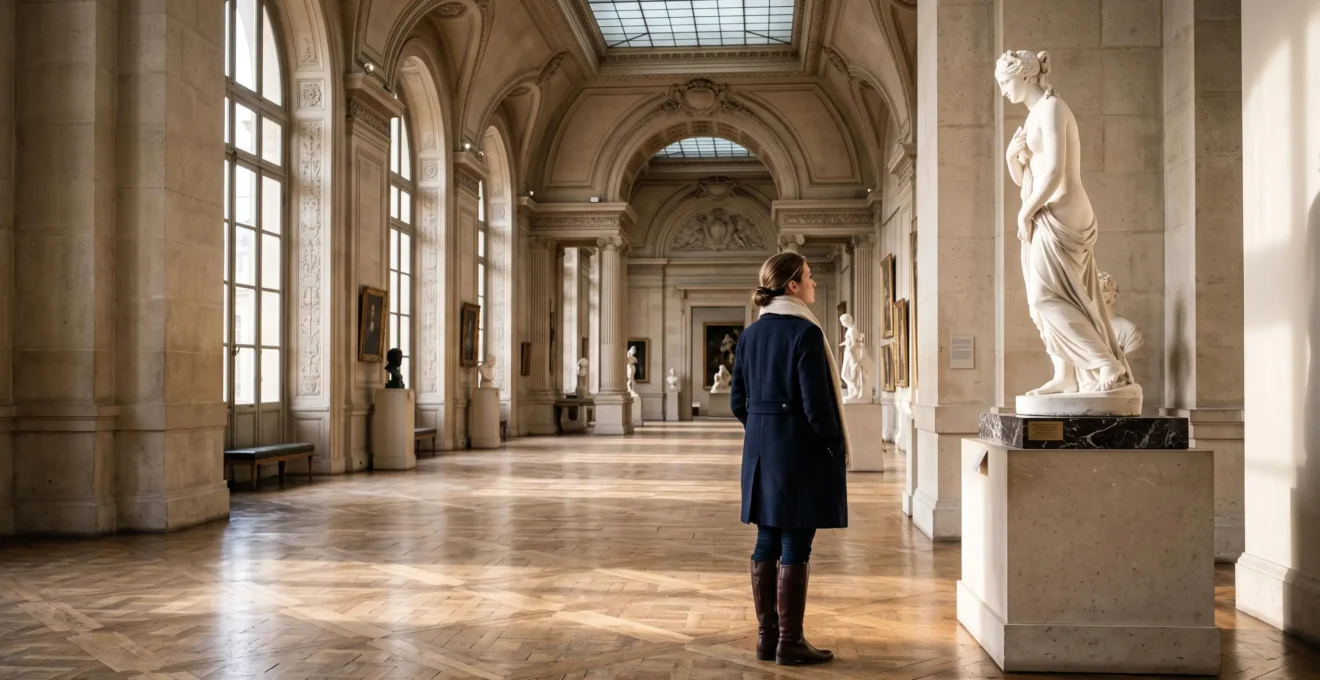 Un visiteur seul contemple une sculpture dans une galerie baignée de lumière naturelle, illustrant une visite du Louvre sereine et sans foule