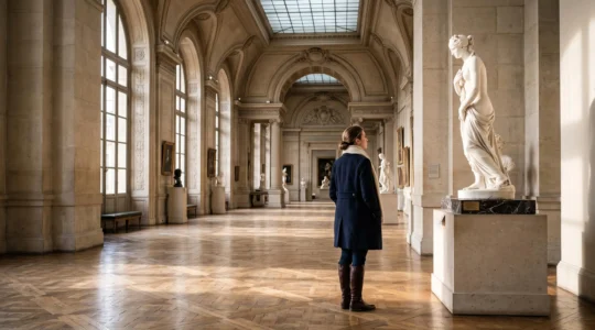 Un visiteur seul contemple une sculpture dans une galerie baignée de lumière naturelle, illustrant une visite du Louvre sereine et sans foule